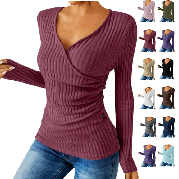 Ladies Loose Casual Solid Color Pullover With Buttons Long Sleeves And Grooved Knitted Sweater