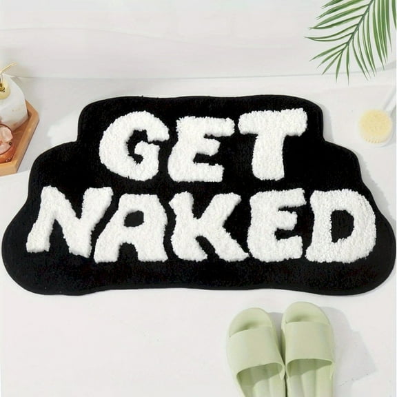 Irregular Shaped Get Naked Bath Mat, Funny Soft and Cozy Bath Mat, Fun, Cute Non-Slip Bathroom Decor (Black & White) 23.62" x 15.74"