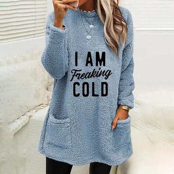 Hooded and Blouse Georges Womens Tops Winter Women's Round- Neck And Winter Loose Print Pocket Warm Long Sleeve Blouse Top
