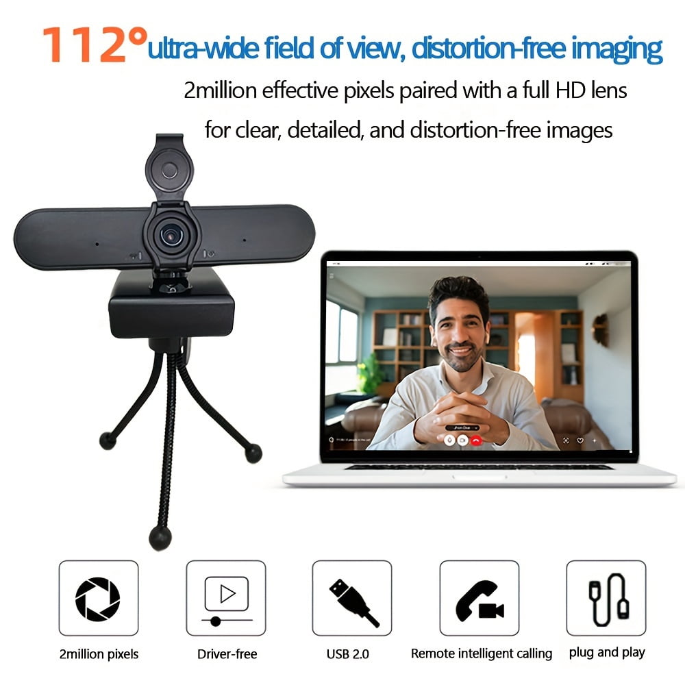 1080P USB Webcam with Privacy Cover, Tripod, WideAngle, 360° Rotation,  and Play for Zoom, Streaming, Video Calls