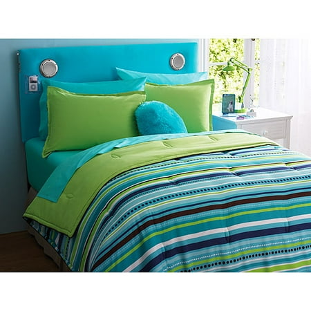 your zone reversible comforter & sham set, teal/dotted stripe