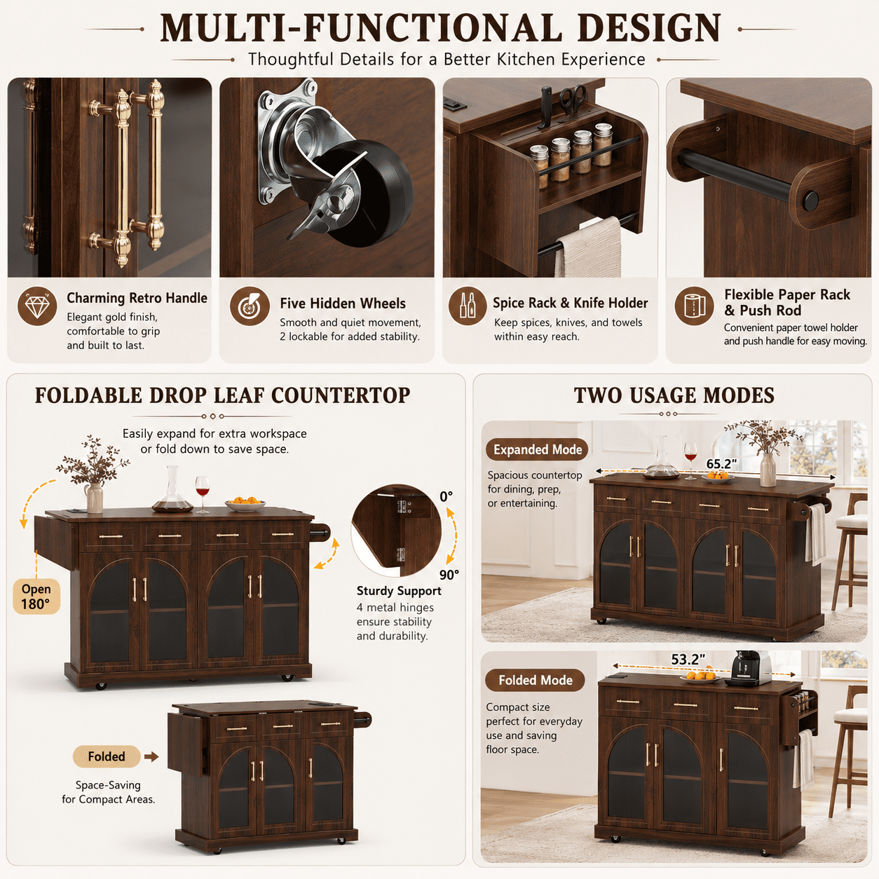 Homy Casa 65.2" Kitchen Island with Storage, Drop Leaf, Power Outlet and Arched Glass Doors, Walnut Brown