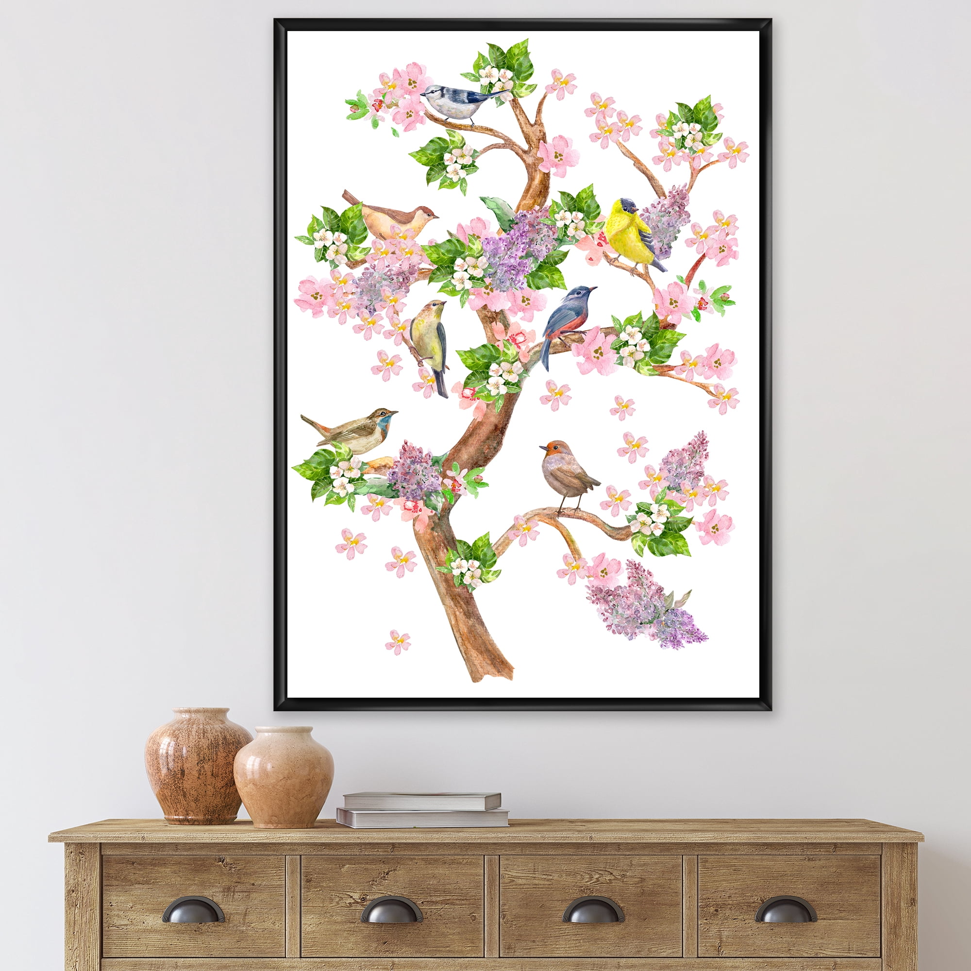 Designart 'Tree With Colorful Birds Sitting On Flowering Branches' Traditional Framed Canvas Wall Art Print