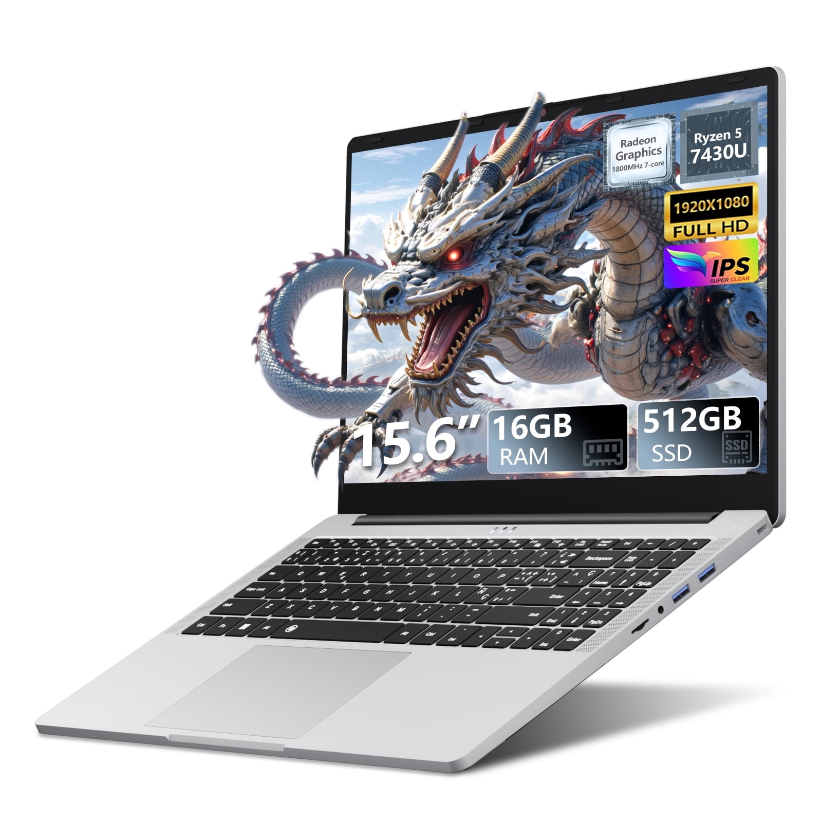 KUU 15.6"Windows 11 Gaming Laptop, AMD Ryzen 5 7430U, Up to 4.3GHz 16GB RAM 512GB SSD, Backlit Fingerprint, 55.2With Long Battery Life Silver Laptop