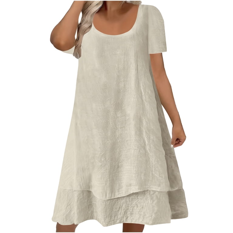 Bltiby Plus Size Womens Peplum Dress Summer Flowy Casual Solid Color Midi Dresses Crew Neck Short Sleeve Loose Beach Vacation Clothes Beige 4XL,