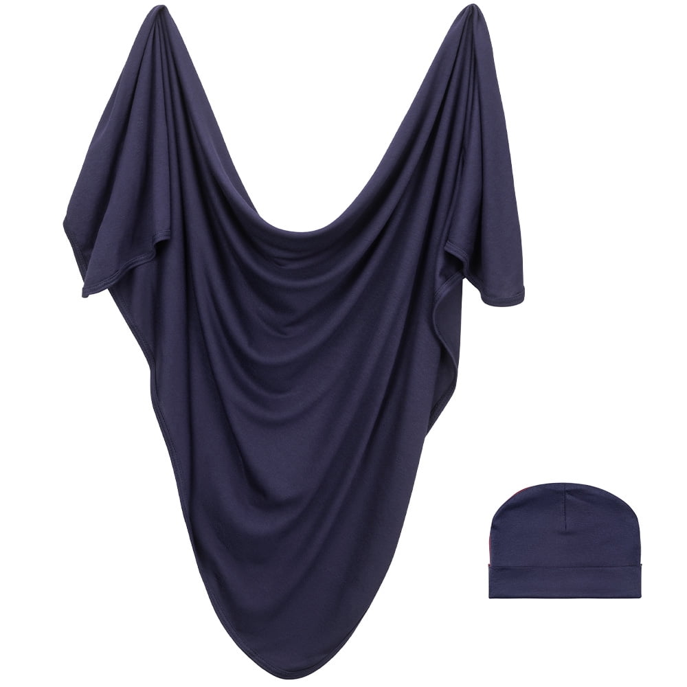 Bazzle Baby Forever Swaddle Blanket and Hat Set, Stretchy and Cozy, 36 x 36 inch, Unisex, Newborn 0 to 3 Months (Navy)