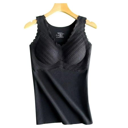 

Womens Thermal Underwear Vest Warm Sleeveless Camisole Lace vest fitted with bra for Women - Black
