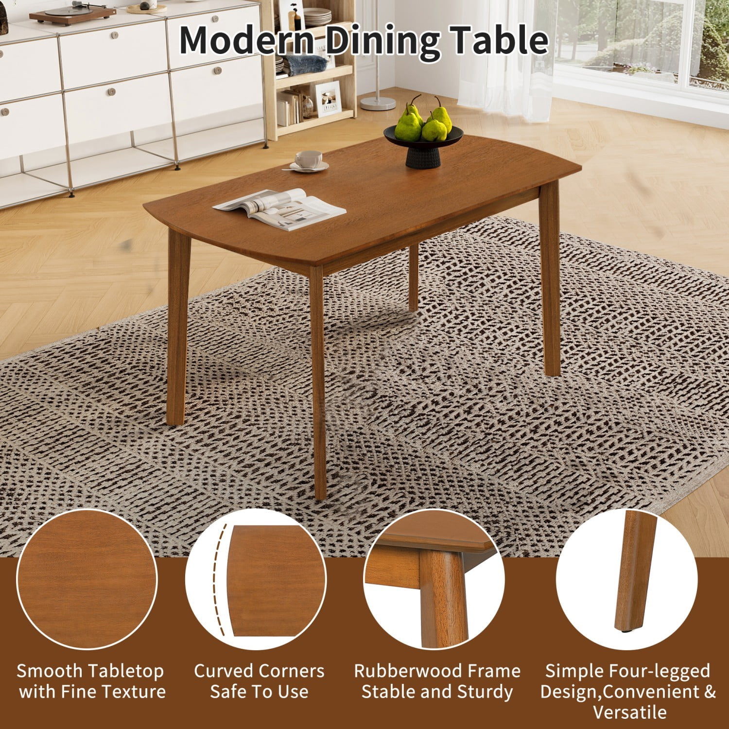 Farmhouse Dining Table Set for 4, Wood Kitchen Table with Upholstered Chairs, Rubberwood Frame, Padded Seats & Curved Backrests, Space-Saving Dinette Set for Dining Room, Brown & Beige