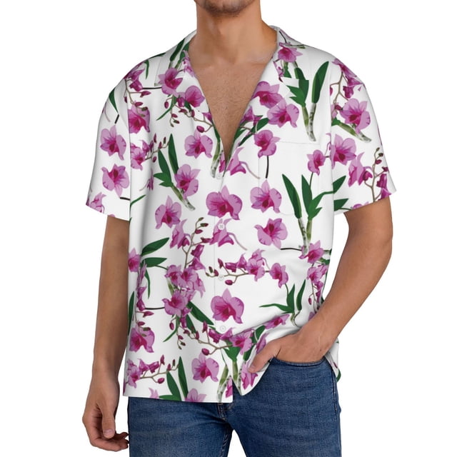 Balery Orchids Flowers Camisa Casual de Manga Corta con Botones para Hombre, Texturizada, Estilo Cubano, para Playa, Verano-Large