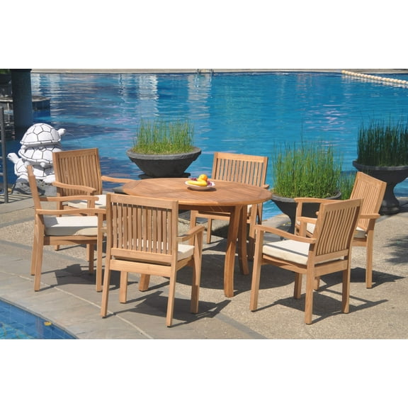 Grade-A Teak Dining Set: 6 Seater 7 Pc: 48" Round Table And 6 Leveb Stacking Arm Chairs Outdoor Patio WholesaleTeak #WMDSWVm