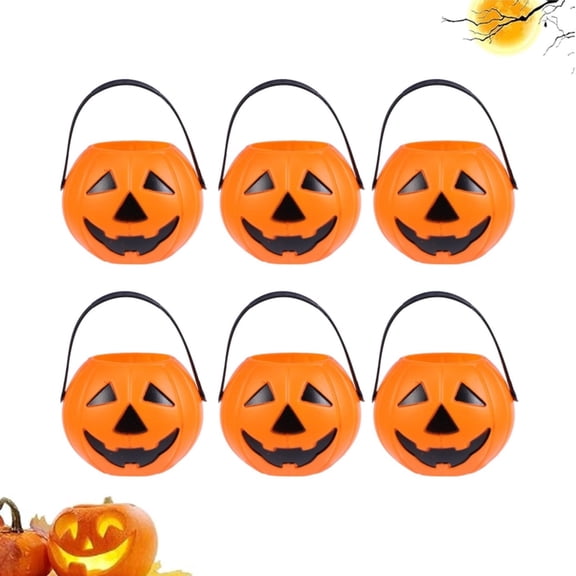 Halloween Pumpkin Bucket Plastic Candy Pail with Handle Jack O Lantern Design Portable Trick or Treat Candy Holder for Halloween Pumpkin Basket Halloween Treat Bucket Halloween Decorations,6Pcs