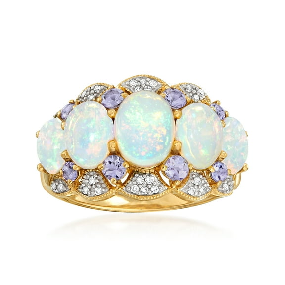 Ross-Simons Ethiopian Opal and .45 ct. t.w. Tanzanite Ring With Diamonds in 14kt Yellow Gold, Women's, Adult
