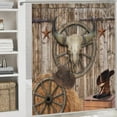 thumbnail image 3 of Retro Cow Skull 4 Pieces Shower Curtain Set,Rustic Farmhouse Western Cowboy Geometric Plaid Print Non-Slip Rugs Toilet Lid Cover Bath Mat and Bathroom Curtain, 3 of 8