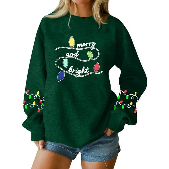 merry and bright Women's Fashion Casual Long Sleeve Loose Christmas Printed Round Neck Pullover Hoodie Sweatshirt for Christmas Parties and Everyday Comfort