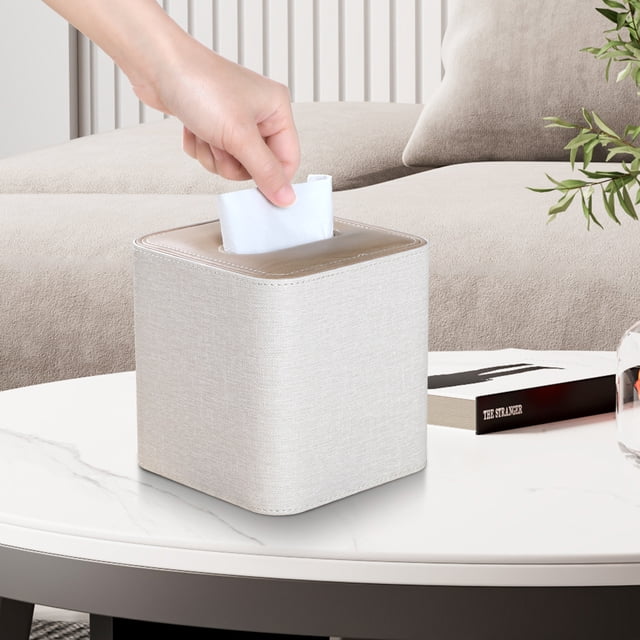 Nvzi Caja de pañuelos de cuero, moderna caja de pañuelos cuadrada, organizador decorativo para tocador de baño (beige)