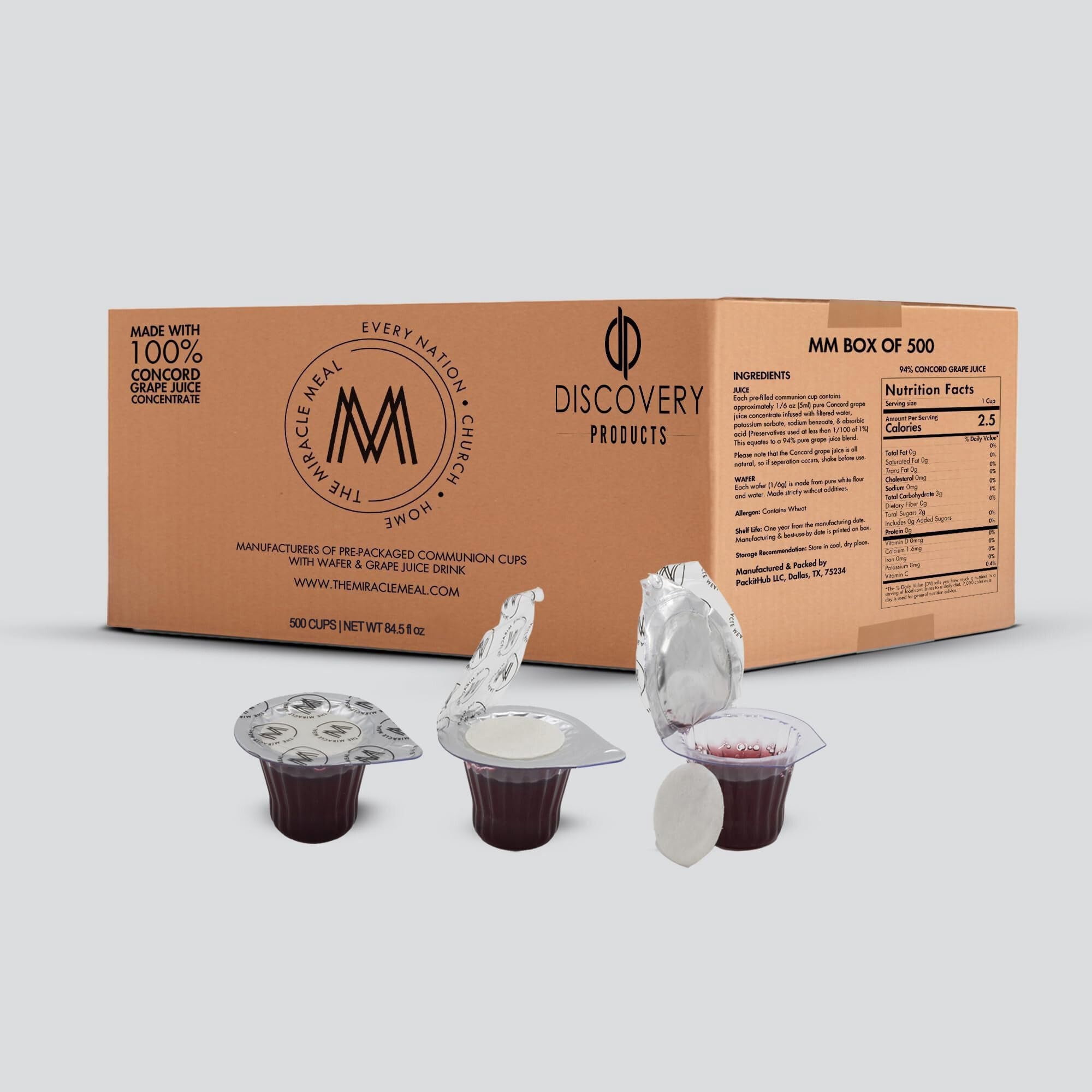 Discovery Products USA Pre Packaged Traditional Communion Cups | Box of 500 with Juice and Wafer