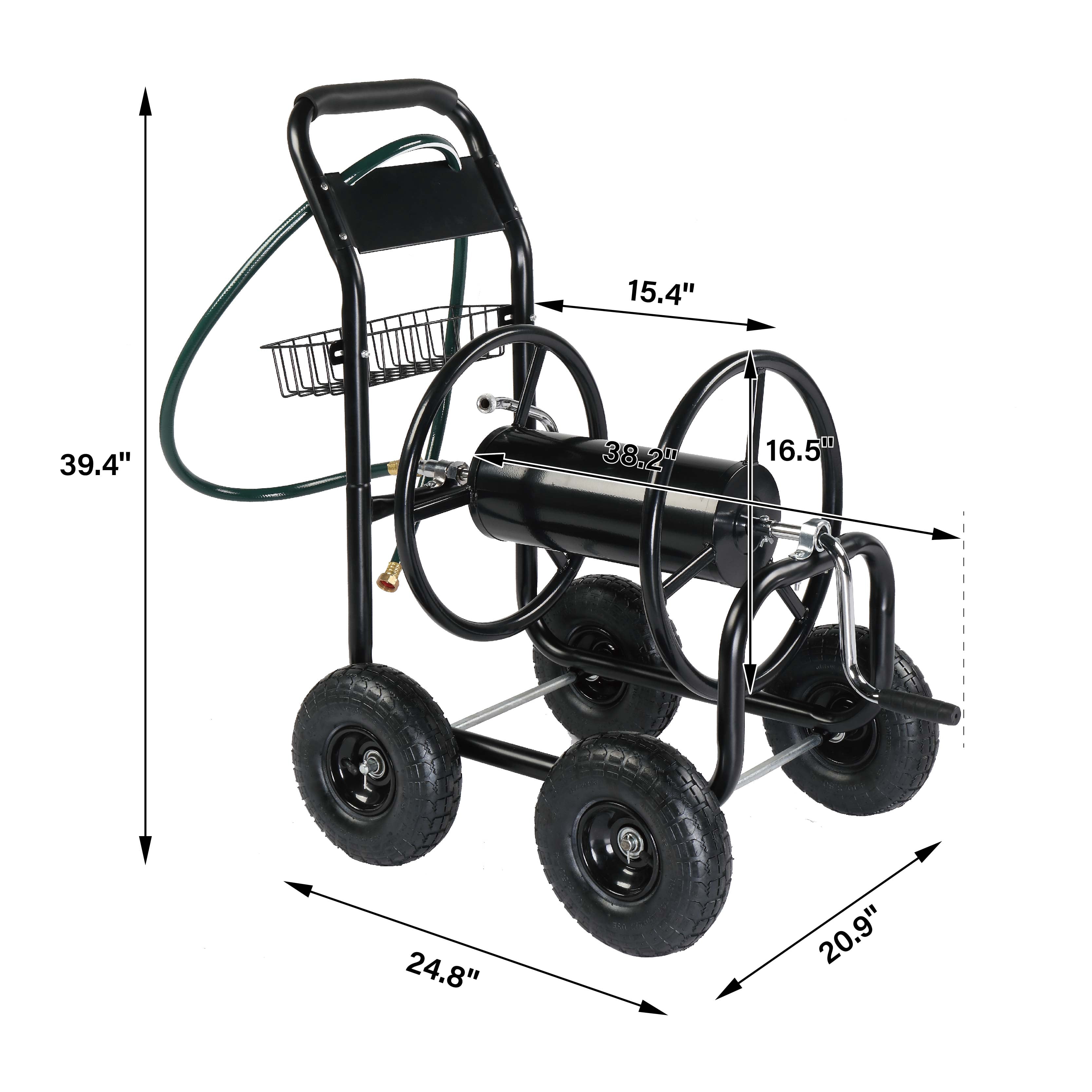 UBesGoo Iron Four Wheel Pipe Truck Garden Water Hose Reel Car w/ Dark Green Hose, Black