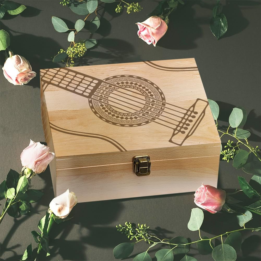 Guitar Theme Wooden Memory Keepsake Box Metal Knot Box with Hinged Lid and Lock Decorative Storage Box Stash Box for Photo Letter Souvenir Jewelry 7.6x9.6x4inch