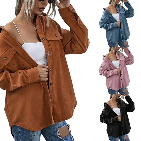 Women Corduroy Shacket Casual Coats Long Sleeve Shacket Button Down Boyfriend Shirts Jacket With Pockets