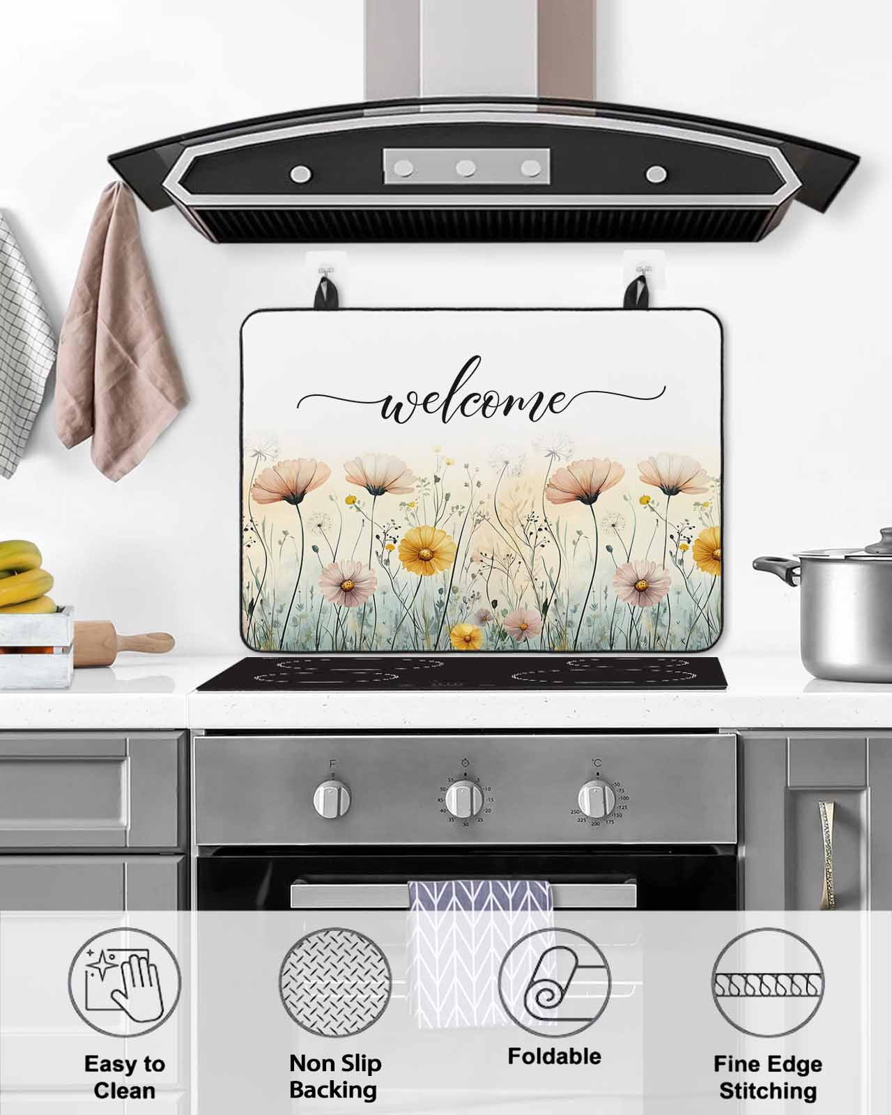 nqOlkjepod Large Induction Cooktop Protector Mat 28.5"x20.5", Farmhouse Florals Stove Top Covers for Electric Stove, Watercolors Spring Botanical Wildflowers Stove Burner Cover Mats Stove Cover