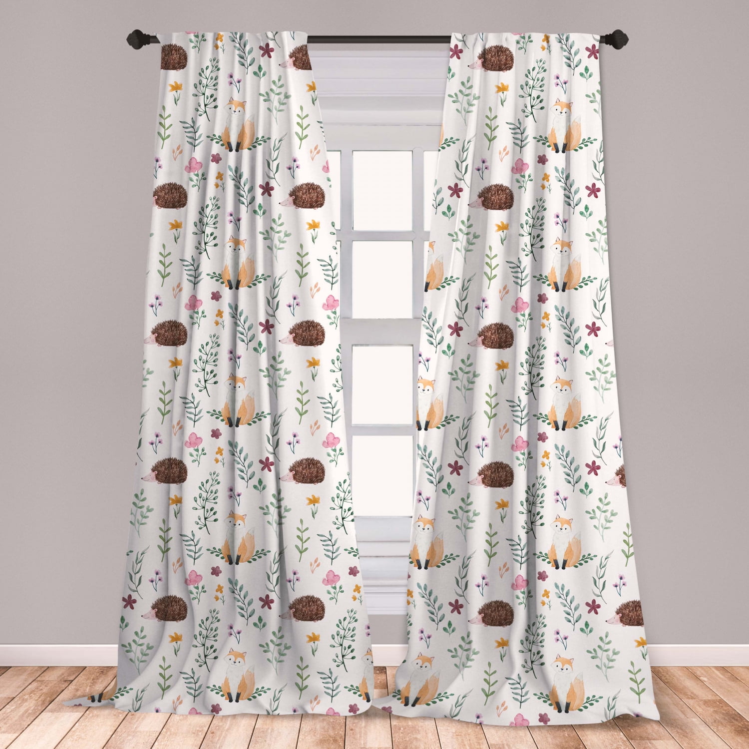 Forest Curtains 2 Panels Set, Rural Wildlife Pattern with Hedgehog and Baby Fox in Watercolors