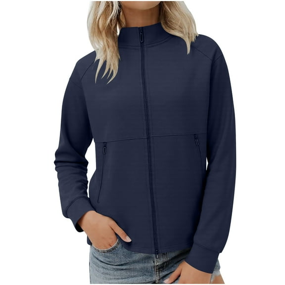 Olyvenn Fleece Jacket Women Full Zip Sweatshirt Coat Polar Fleece Stand Up Plus Size Jackets Casual Outerwear 2025 Navy S