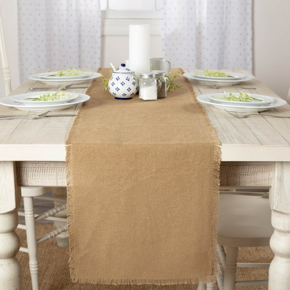 VHC Brands Burlap Natural Runner Fringed 13x90