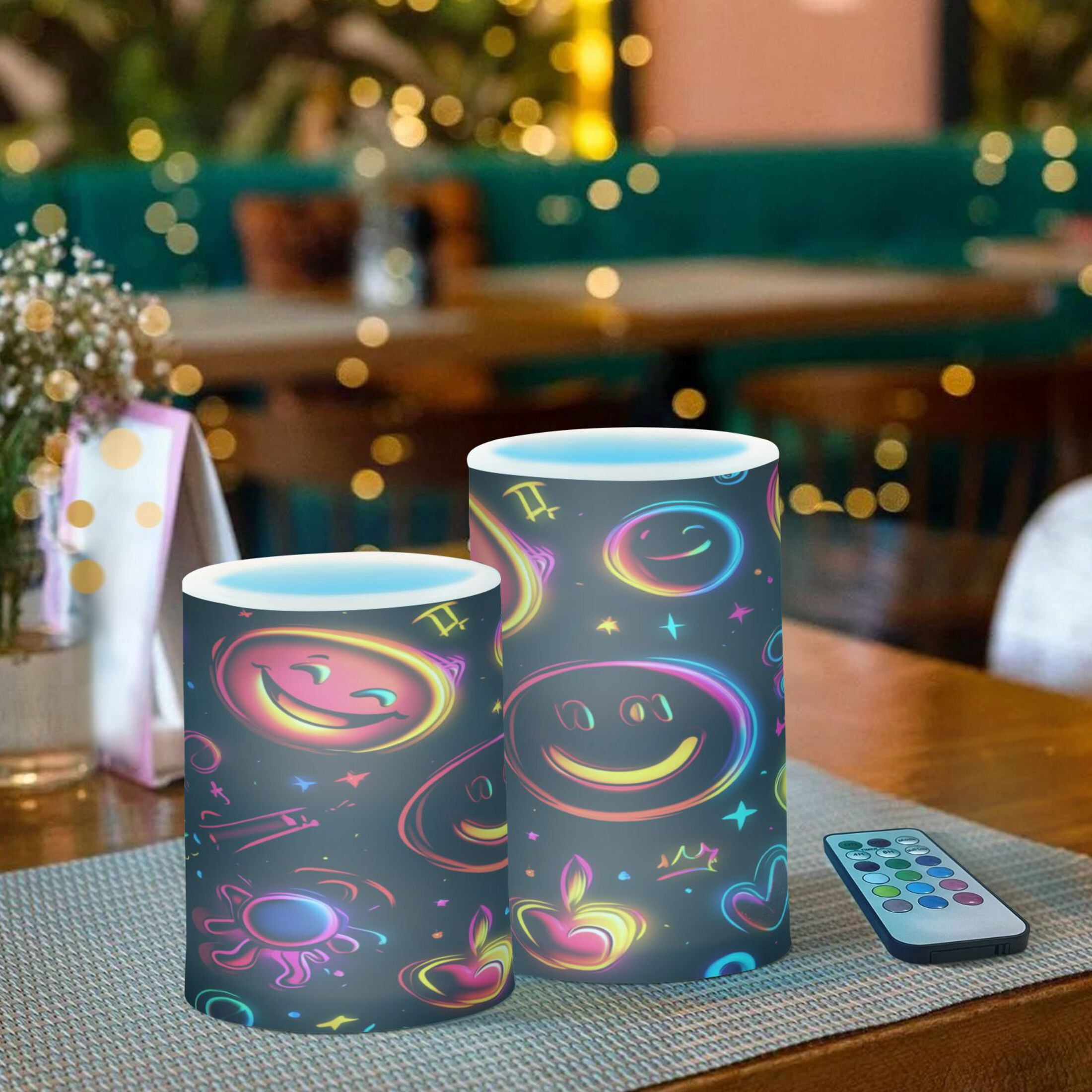 2 PCS Flameless Candles with Remote Timer LED Battery Operated Flickering Candle Light for Wedding Table Home Decoration Gifts Cute Smiling Faces