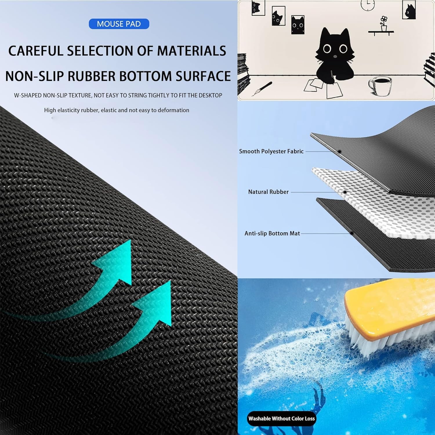 XXL Extended Black Cartoon Cat Mouse Pad Beige Large Minimalist Mousepad Anime Kawaii Big Office Gaming Desk Pads Laptop Keyboard Non-Slip Rubber Mouse Mat(Size:35.4x15.7in)