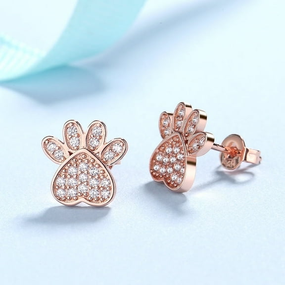Amy and Annette  Sterling Silver 18K Rose Gold Plated Crystal Paw Stud Earrings