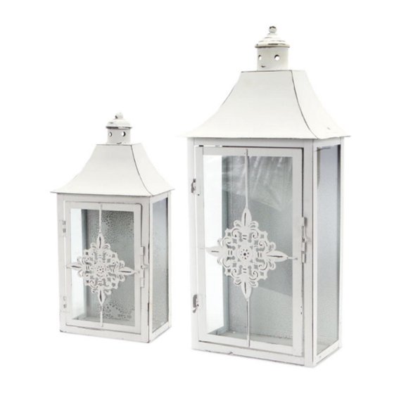 Set of 2 Vintage Rose White Distressed Pillar Candle Lanterns 19.5