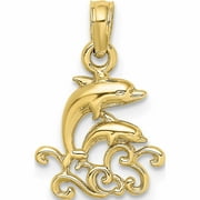 10K Yellow Gold Textured Mini Double Dolphins And Waves Charm (10.95 X 11.85) Made In United States -Jewelry By Sweet Pea