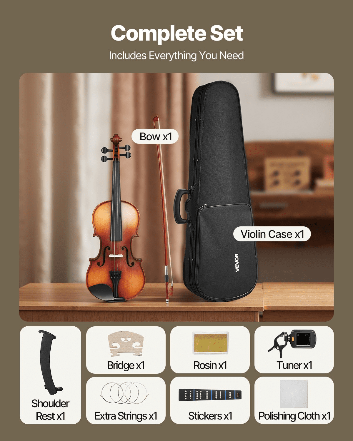 Violin 4/4 Full Size Fiddle Set Solidwood for Beginners Matte Brown