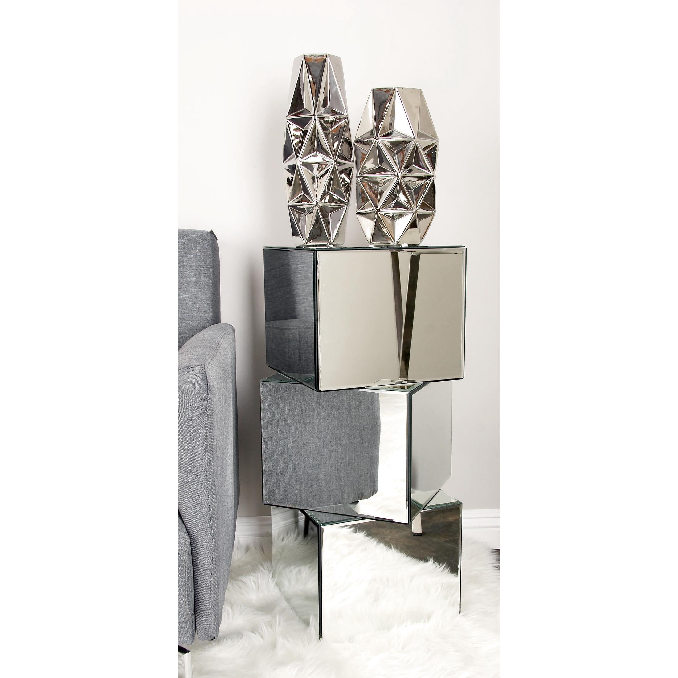 DecMode 15" x 30" Silver Glass Mirrored Stacked Cube Pedestal Table with Glass Front Panels, 1-Piece