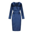 thumbnail image 5 of Women Satin Long Sleeve Dress - Tie Waist V Neck Silk Elegant Formal Cocktail Wedding Guest Bodycon Midi Dresses, 5 of 7