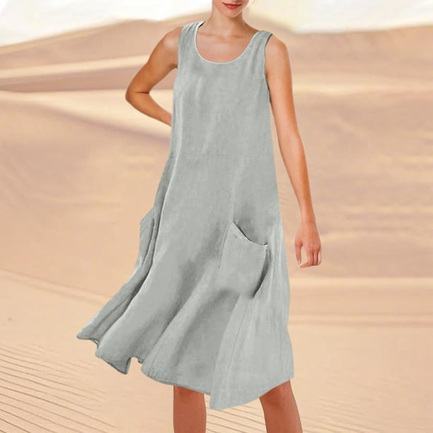 WILLBEST Vestido Lino Mujer Vestido Playero Informal De Verano De Color Liso Sin Mangas Hasta La Rodilla Con Cuello Redondo Y Bolsillos Para Vacaciones, Viajes Y Uso Diario