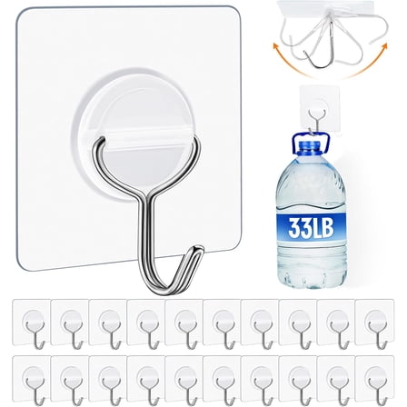 Genreen 20 PCS Adhesive Wall Hooks for Hanging Heavy Duty 33lb(Max), Waterproof and Rustproof Transparent Self Adhesive Hooks for Bathroom Kitchen Outdoor and Home Improvement