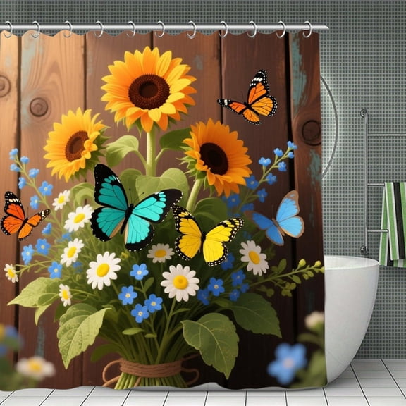Country Rustic Flower Floral Print Shower Curtain,Modern Fabric Waterproof Shower Curtain Set with Hooks 70.8×70.8Inch (180×180cm)