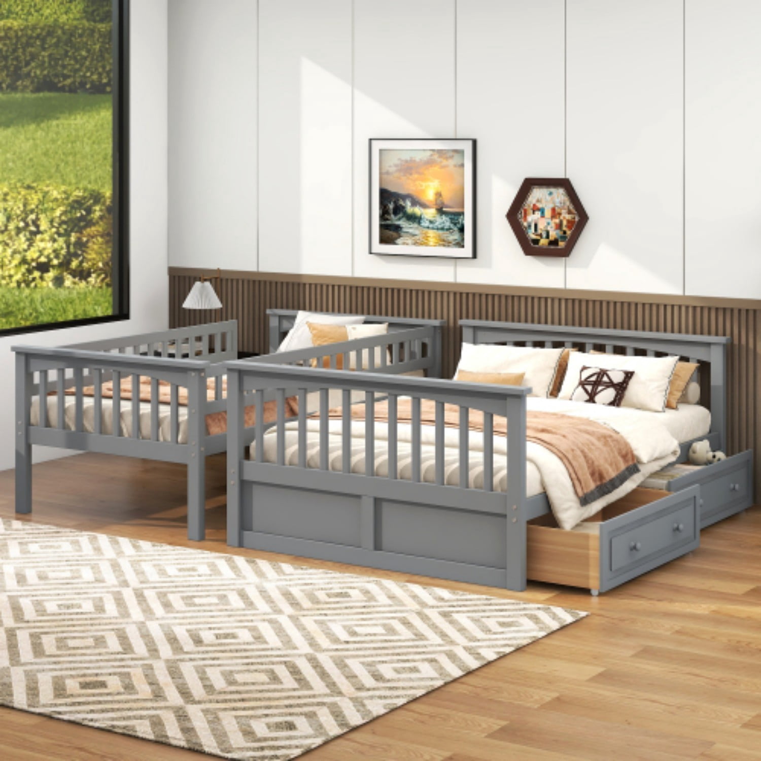 Twin Over Full Bunk Bed with Storage Drawers, Convertible Wood Bunk Bed Frame with Safety Guardrails, Solid Pine Wood Kids Bed for Bedroom, Gray