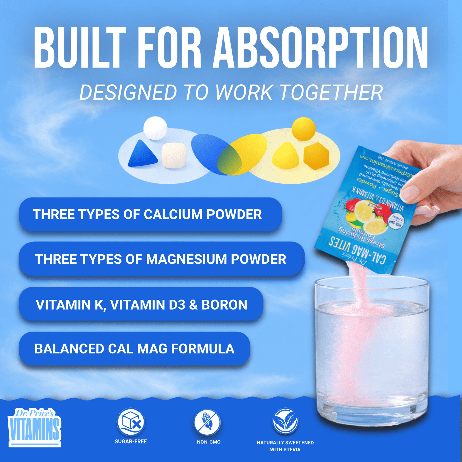Dr. Price’s Cal-Mag Vites – Strawberry Lemon Flavor, 30 Packets | Calcium & Magnesium Powder with Vitamins C, D3 & K | Sugar-Free Calming Drink Mix
