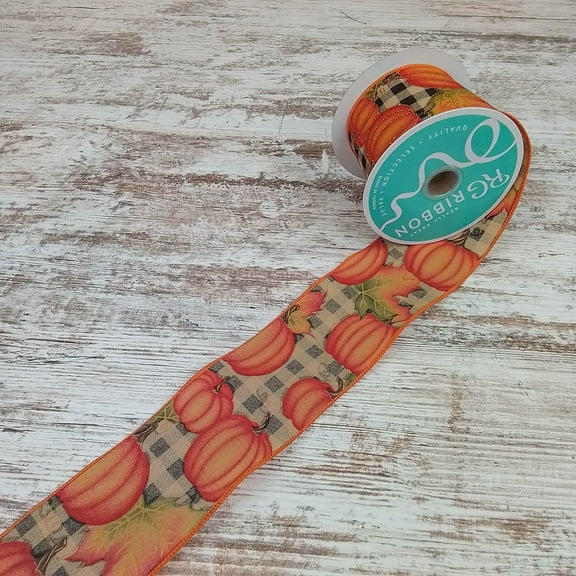 Glitter Pumpkin with Leaves on Check Wired Edge Ribbon, 10 Yards (Beige, 2.5 Inch)