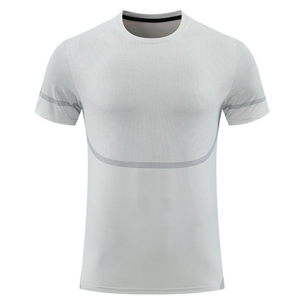 pstuiky Camisas de verano para hombre, de color sólido, transpirables, de malla elástica, ajustadas, cómodas, deportivas, informales, de manga corta y cuello redondo