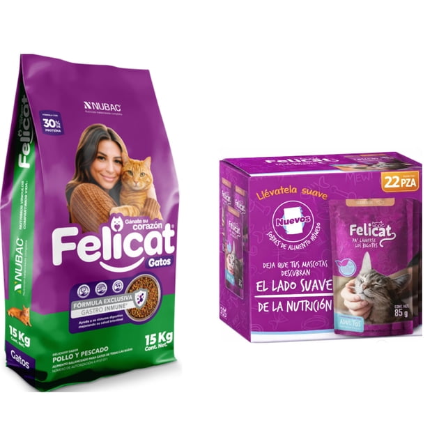 Felicat 15 Kg + Caja Alimento Humedo Sobre Felicat 95 gr (22 Pzas)