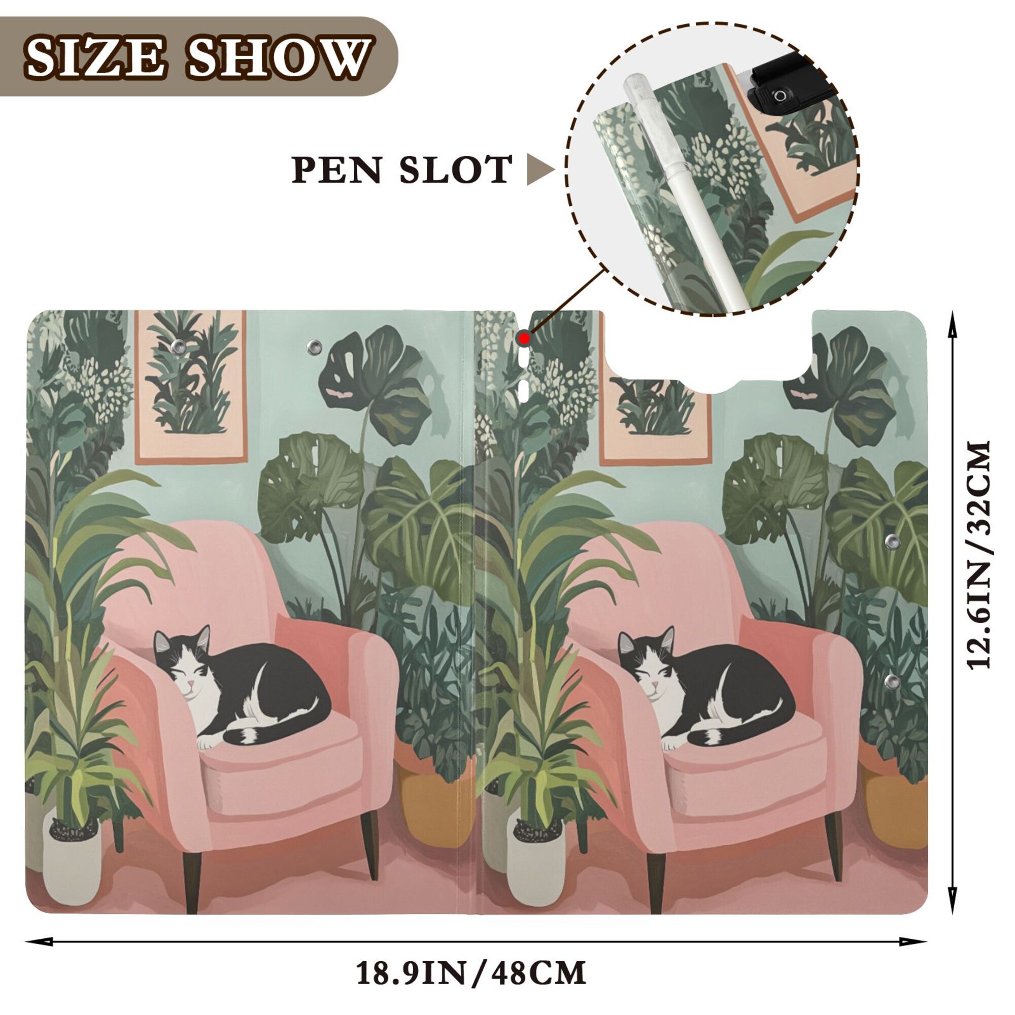 FORMRS A4 Clipboard Folder with Pen Holder Horizontal Foldable School Office Binder, Pink Sleeping Cat