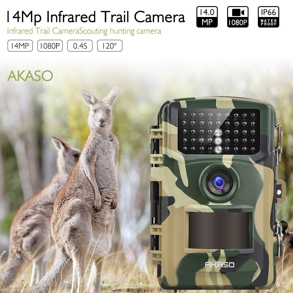 AKASO 14MP Trail Camera Night Vision 1080P Hunting Camera IP66 Waterproof Game Camera 120 Degree Wide Angle with 2.4 Inch LCD Loop Recording