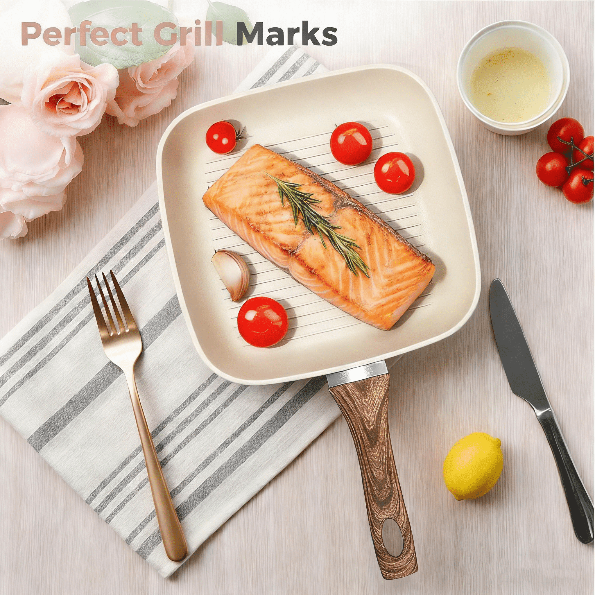 Parcus 3 Pieces Nonstick Grill Pan Set, Square Grill Pans with Stay-Cool Handles, Compatible with All Stovetops for Steak BBQ Vegetables, (9.5" 10" 11"), Beige