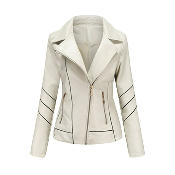 Scyoekwg Leather Jacket Womens Slim Leather Solid Stand Collar Zip Motorcycle Suit Coat Jacket Tops Trendy Tops Beige XXL