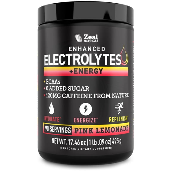 Zealot Electrolyte Powder with Caffeine - 90 Servings | Keto Energy | Zero Sugar | Pink Lemonade