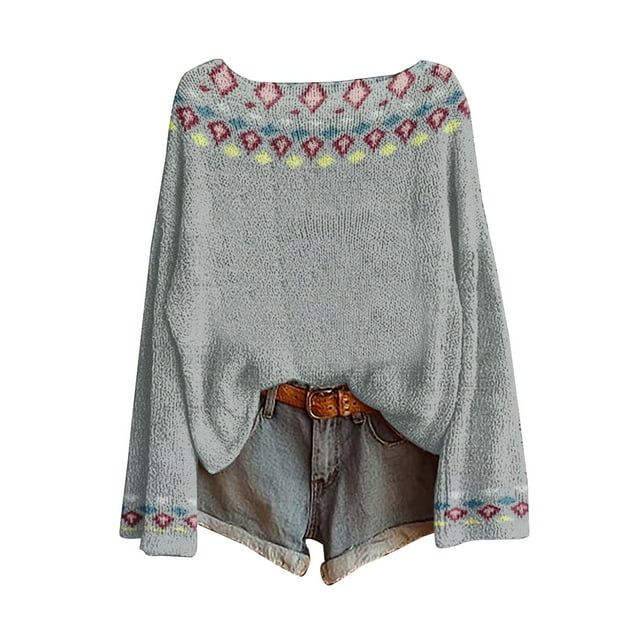 WTXUE Chandail Tricoté Vintage Imprimé Art Fair Isle Léger Boho Tops pour Femmes Manches Longues Col Rond Chandail Tops Chemises d'Automne Mode Bohème Western Blouses Décontractées Gris 3TG