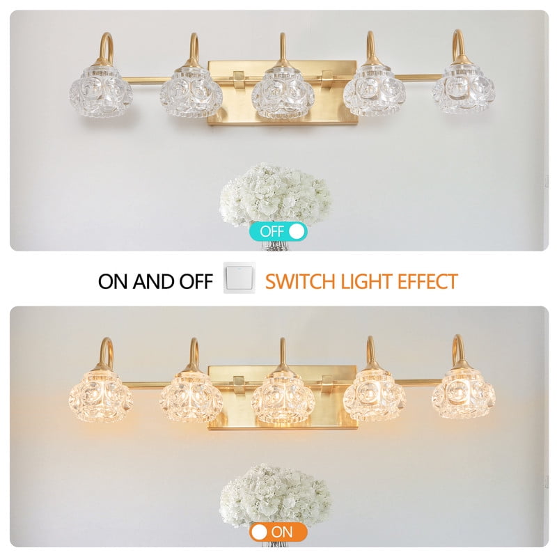 29" Modern 5-Light Gold Crystal Vanity Light with Clear Glass Shades, Elegant Bathroom Wall Sconce for Mirror or Powder Room (Bulbs Not Included)